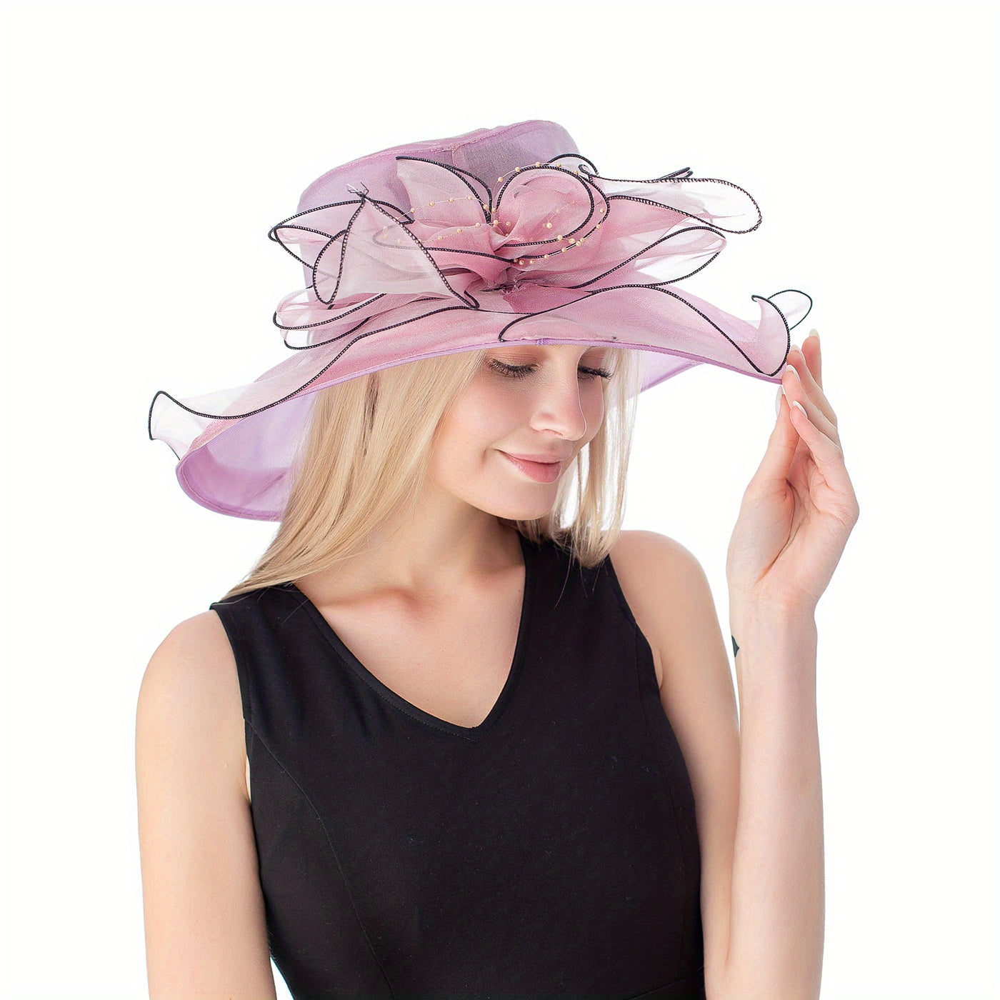 Women's Wide Brim Fedora Cap Mesh Sun Hat Leaf Flower Bridal Wedding Hat