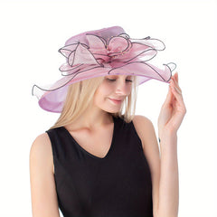 Women's Wide Brim Fedora Cap Mesh Sun Hat Leaf Flower Bridal Wedding Hat