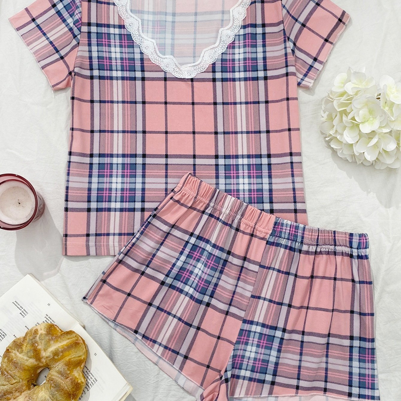 Women's Plaid Lace Trim Pajama Set