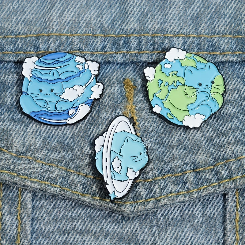 Planet Cat Enamel Brooches Pins Earth Brooches Lapel Badges Animal Jewelry Gift
