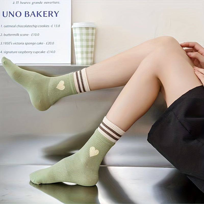 7 Pairs Heart Print Striped Socks Women's Mid Tube Stockings