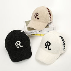 Embroidered R Letter Hat Winter Thickened Warm Wool Baseball Cap