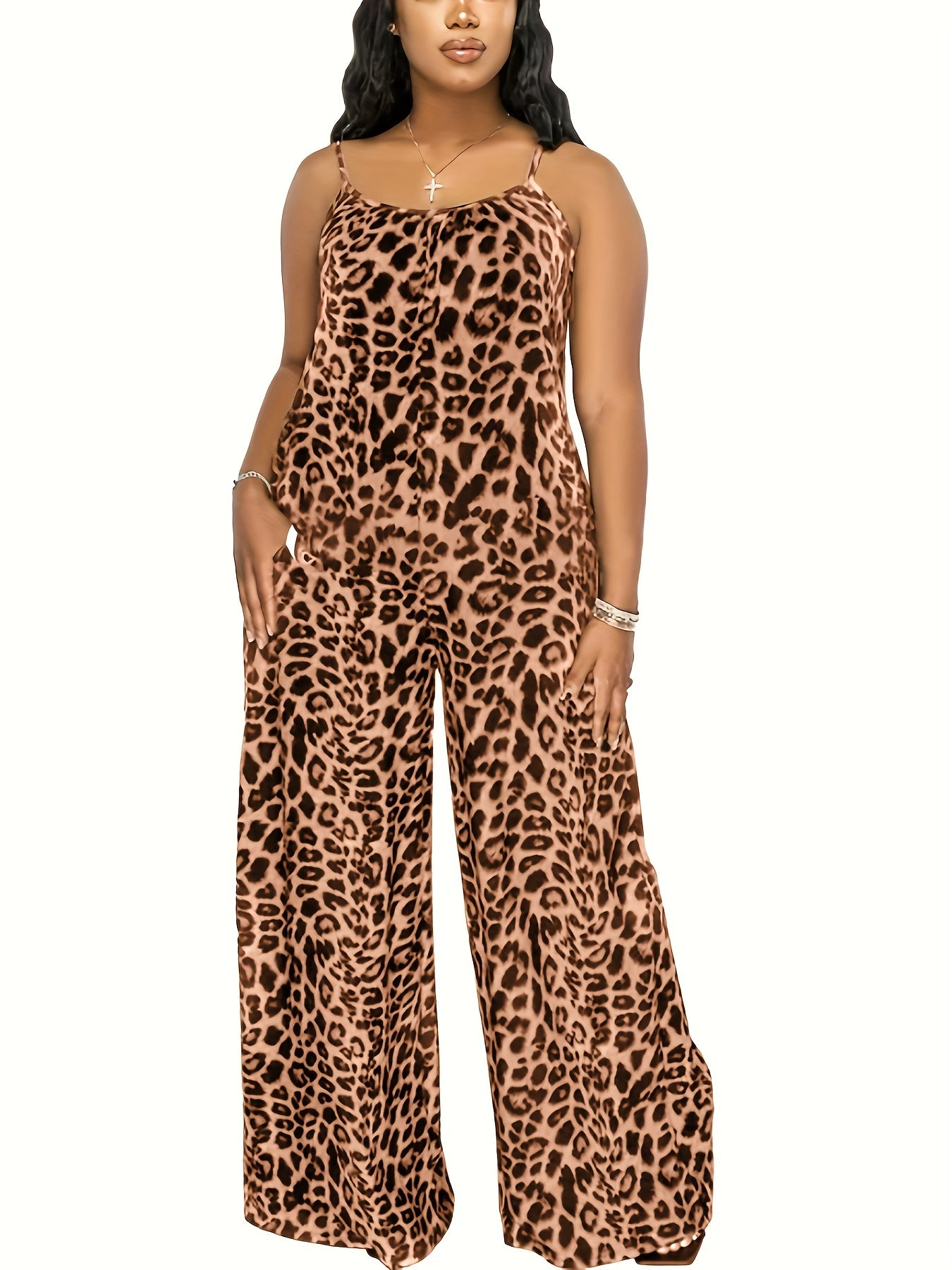 Leopard Print Wide Leg Cami Jumpsuit Sleeveless Casual Spring Summer