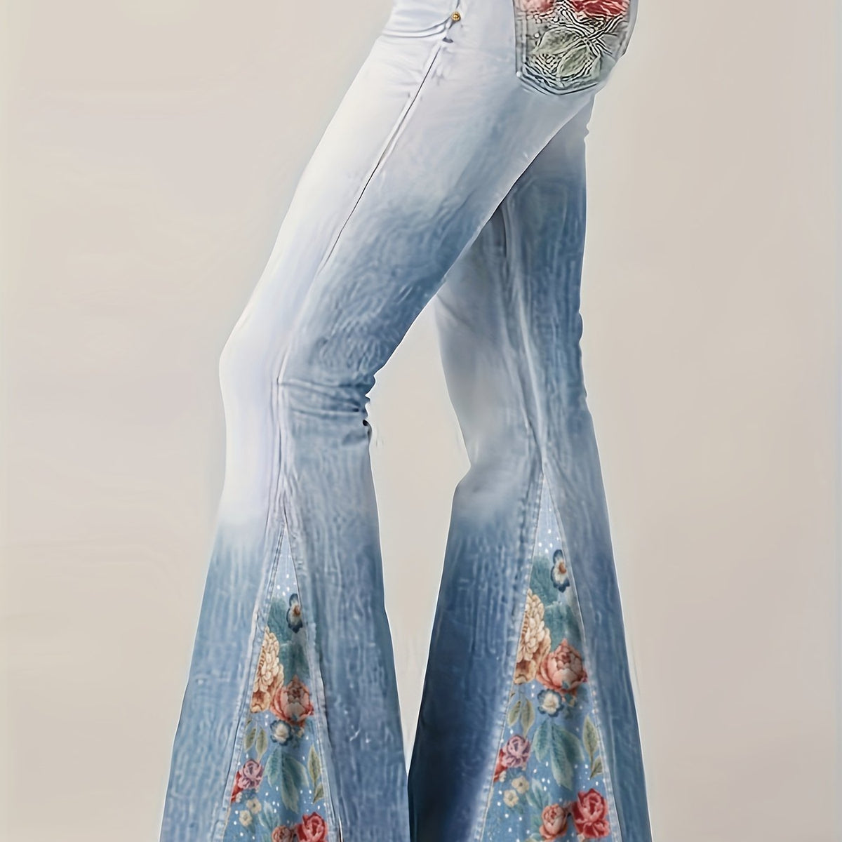  Denim Print Floral Panel Flare Pants