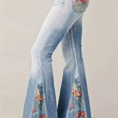  Denim Print Floral Panel Flare Pants