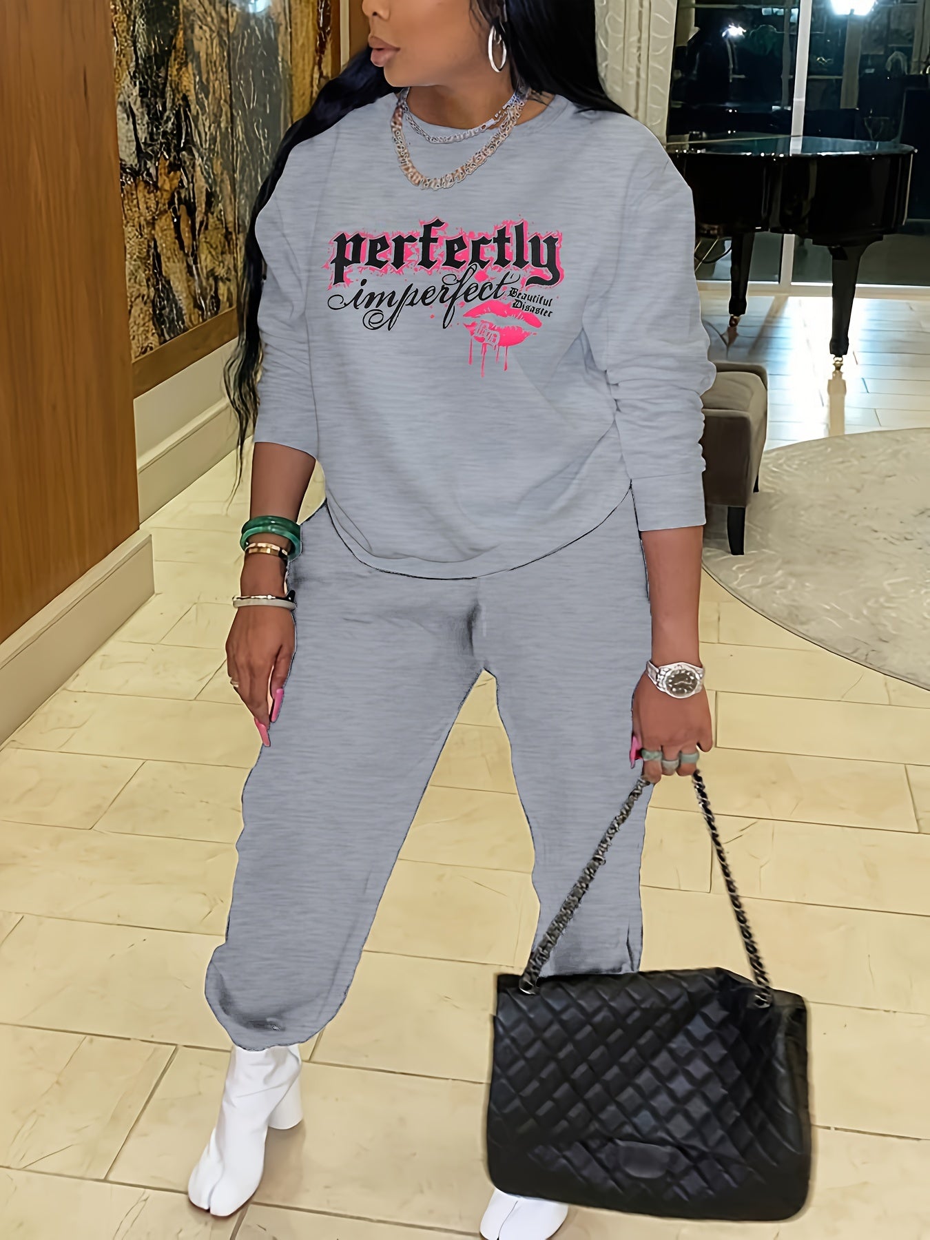 Plus Size Women's Kiss & Letter Print Top & Joggers Outfit Set