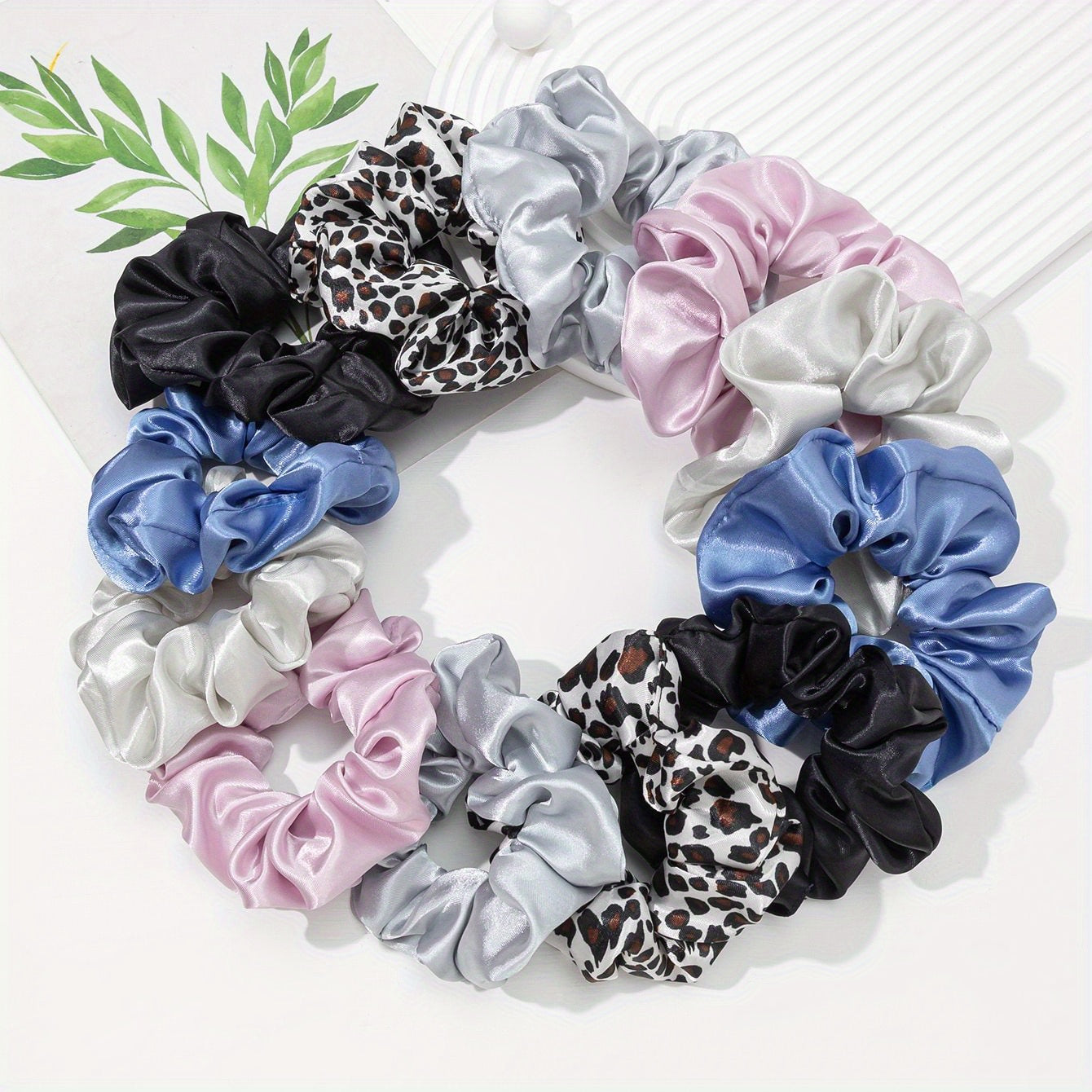 12pcs Satin Scrunchies Leopard Pattern Hair Rope