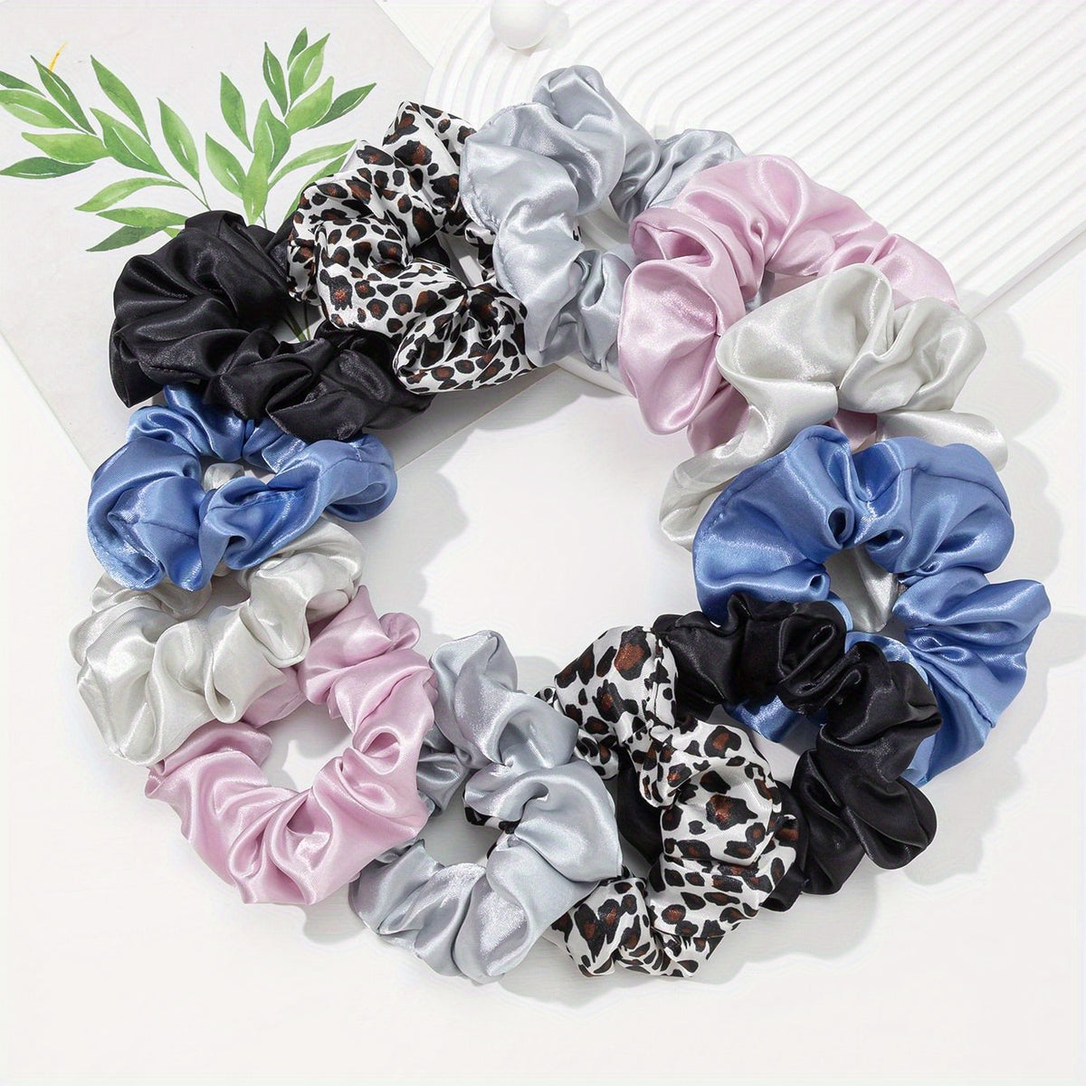 12pcs Satin Scrunchies Leopard Pattern Hair Rope