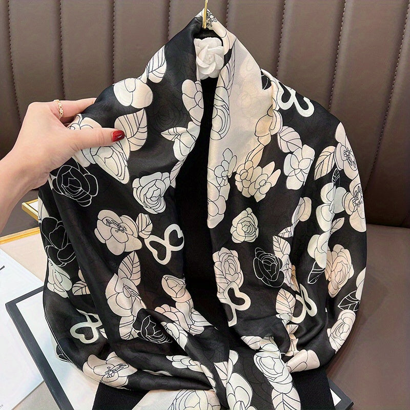 Camellia Print Large Satin Silk Scarf Shawl