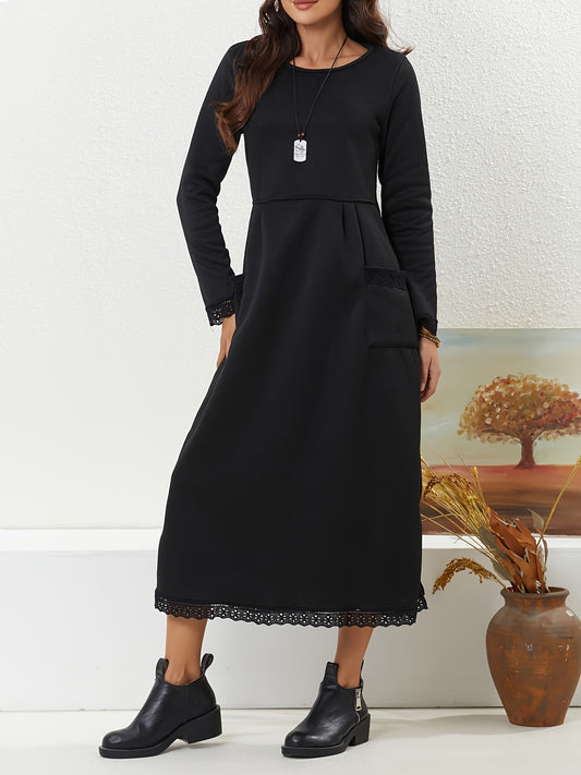  Solid Lace Long Sleeve Maxi Dress With Pockets