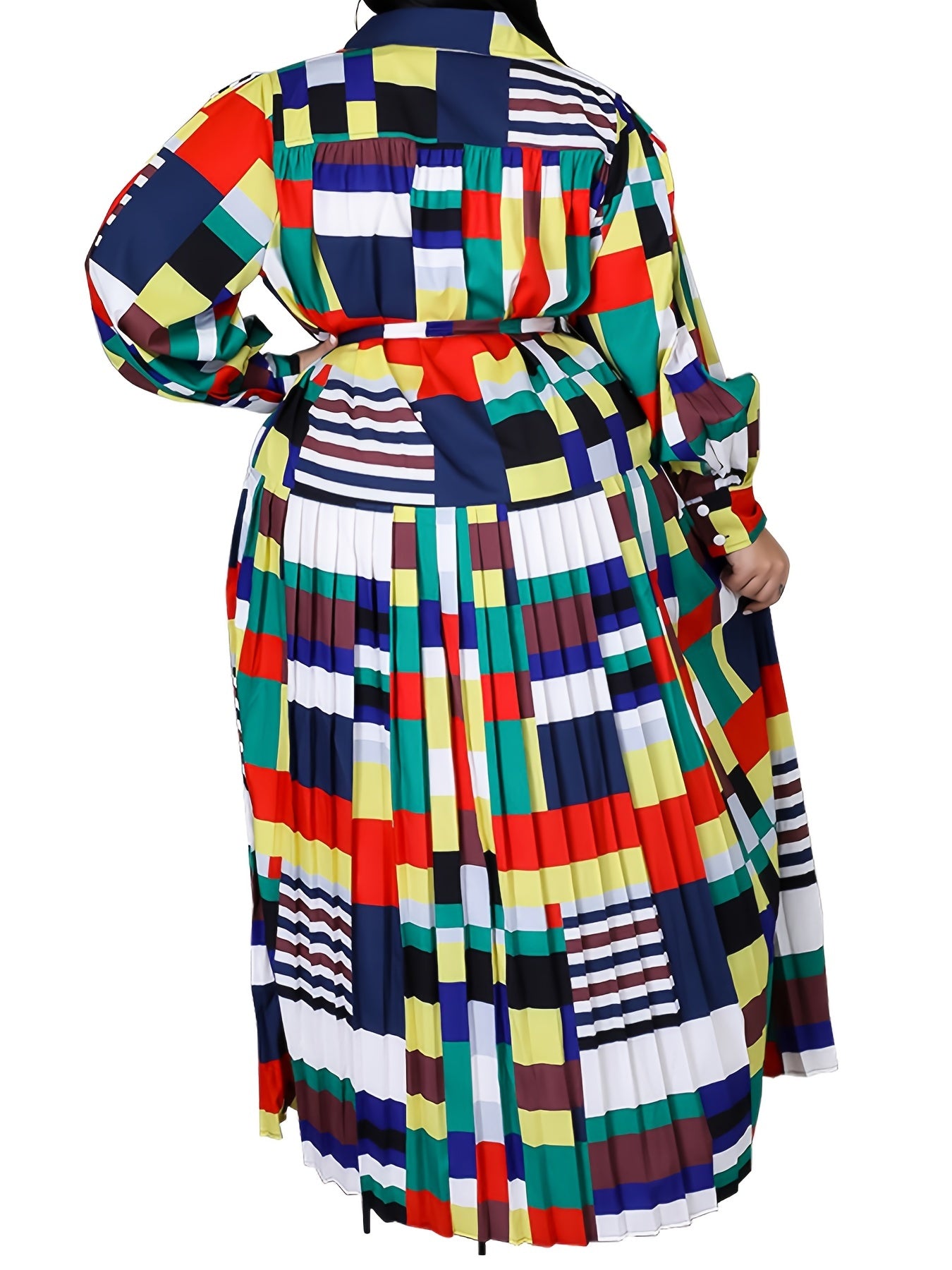  Colorblock Lantern Sleeve Maxi Dress