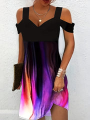  Colorblock Ombre Print Cold Shoulder Dress