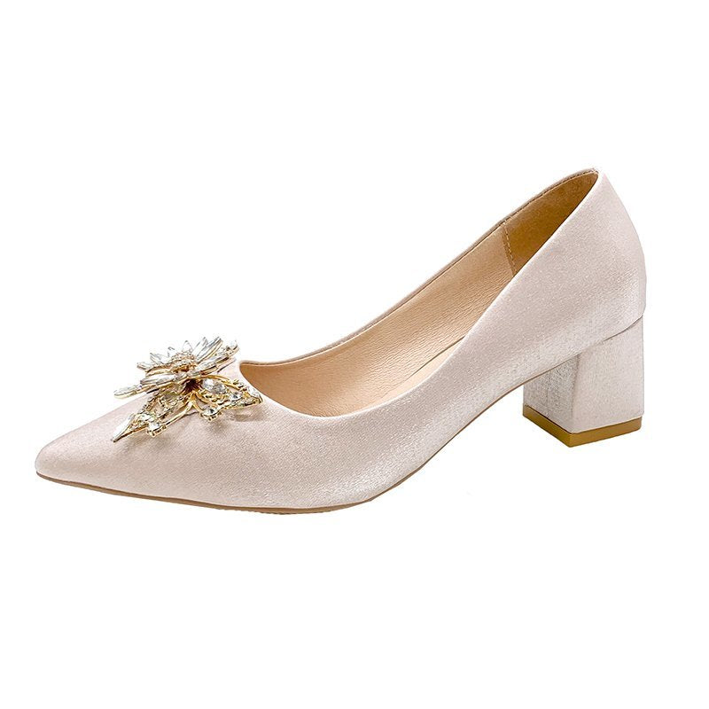 Chunky Heeled Pumps Butterfly Rhinestone Pointed Toe High Heels