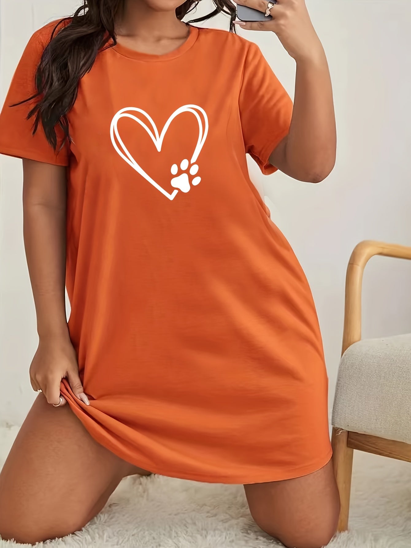  Casual Nightdress Women's Plus Paw Print Short Sleeve Tee Dress