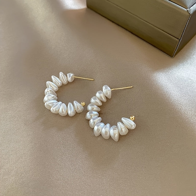 925 Silver Needle C Shaped Faux Pearl Earrings 18K Plated Jewelry