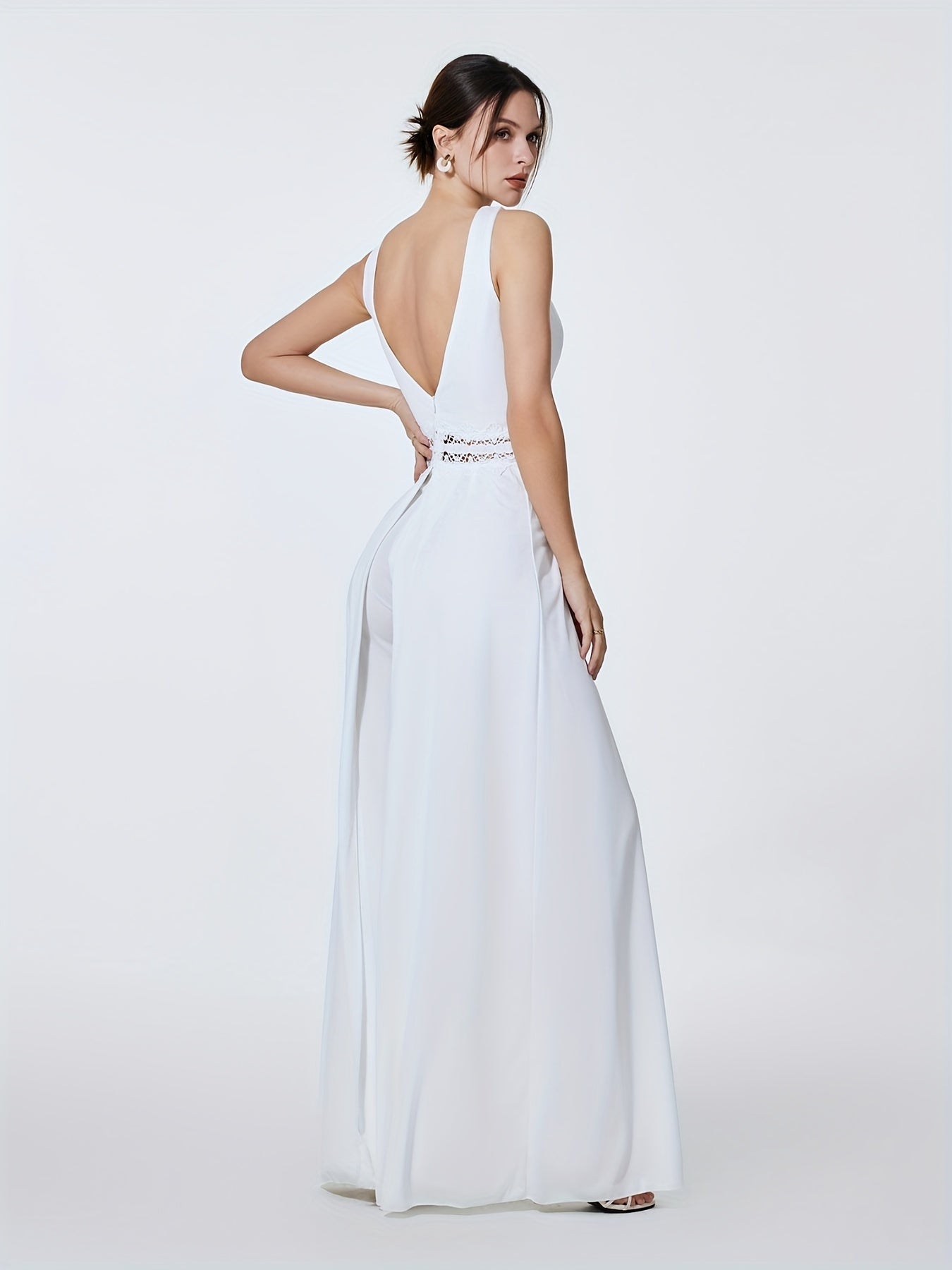 Sleeveless Jumpsuit with Overskirts Casual V Neck Lace Splicing Long Length
