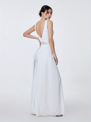 Sleeveless Jumpsuit with Overskirts Casual V Neck Lace Splicing Long Length