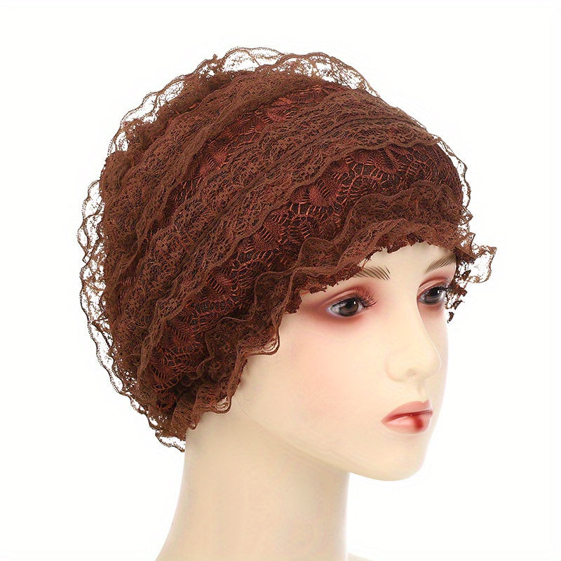 Double Layer Lace Turban Cap Head Wrap Elastic Scarf Ramadan Hijab Beanie Chemo
