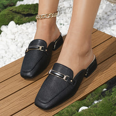 Chunky Heeled Mules Square Toe Loafers Slip-On Backless Slide Shoes
