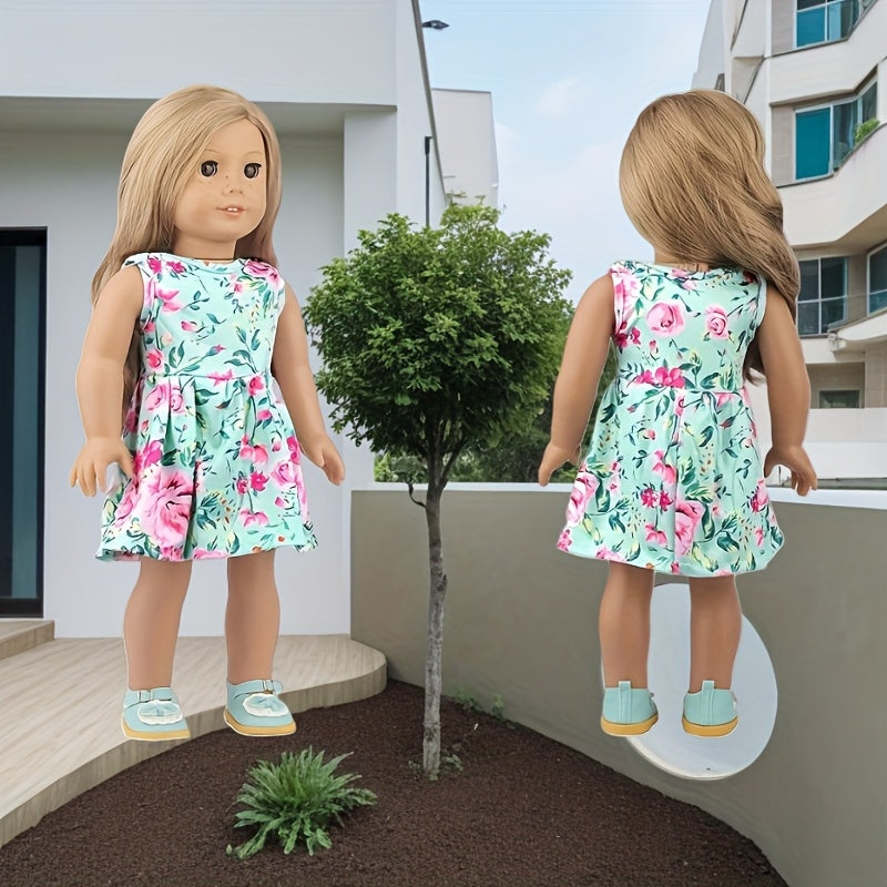 Green Floral Dress for 18" Dolls Pink Yellow Flowers High Fabric