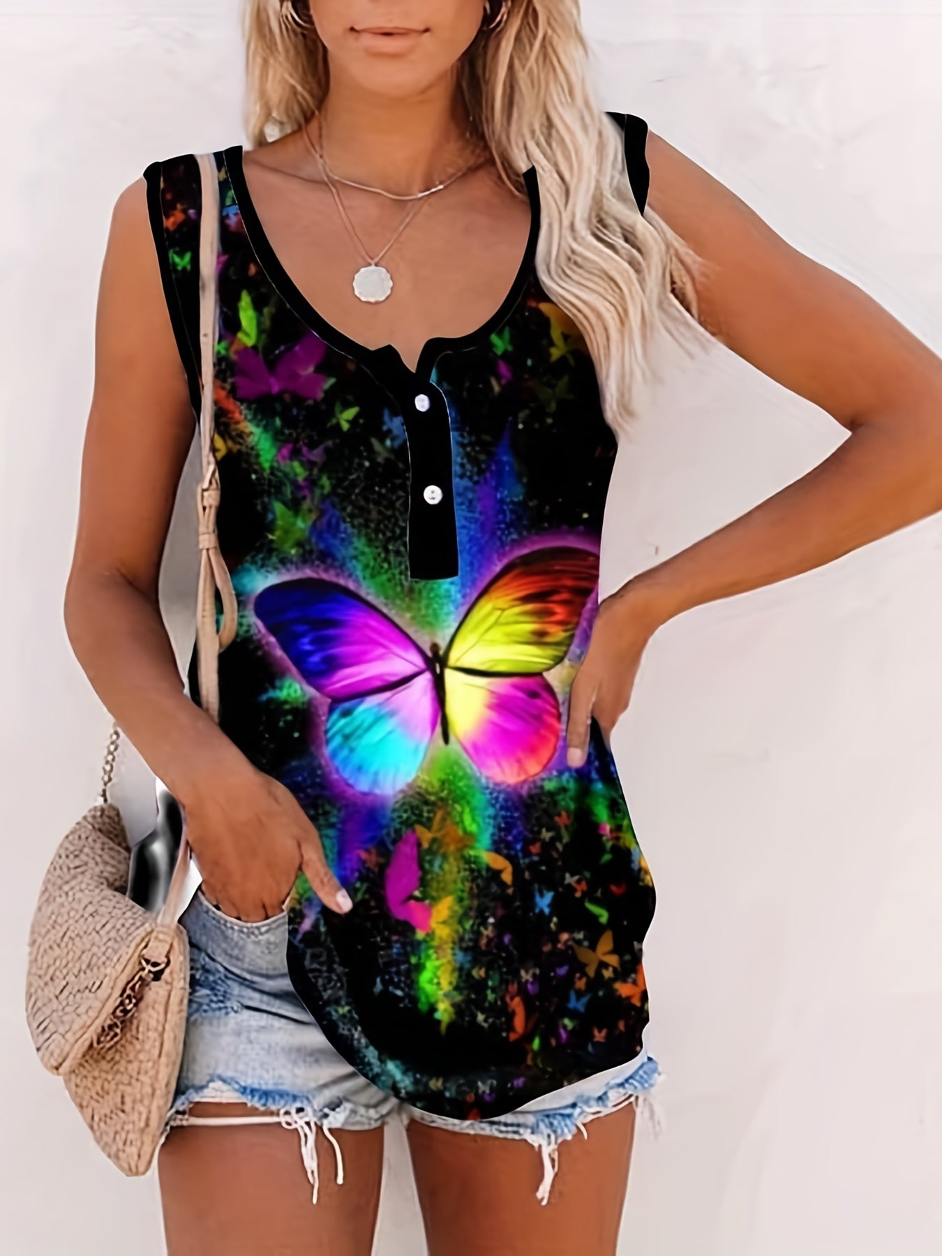  Tie Dye Butterfly Print Tank Top Round Neck Button Up Medium Stretch