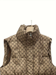 Retro Print Stand Collar Down Vest Lightweight Warm Thickened
