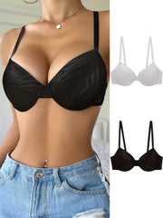2pcs Solid Push Up Bras Comfy & Breathable Women's Lingerie