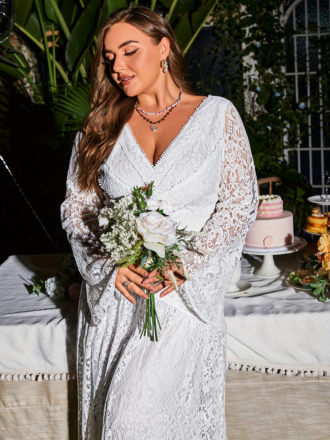  Lace V Neck Bell Sleeve Maxi Bridesmaid Dress