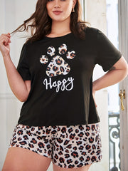  Casual Leopard Paw & Letter Print Tee & Shorts Set