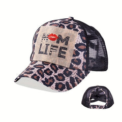 Mom Life Ponytail Baseball Cap Leopard Print Patch Trucker Hat Mesh