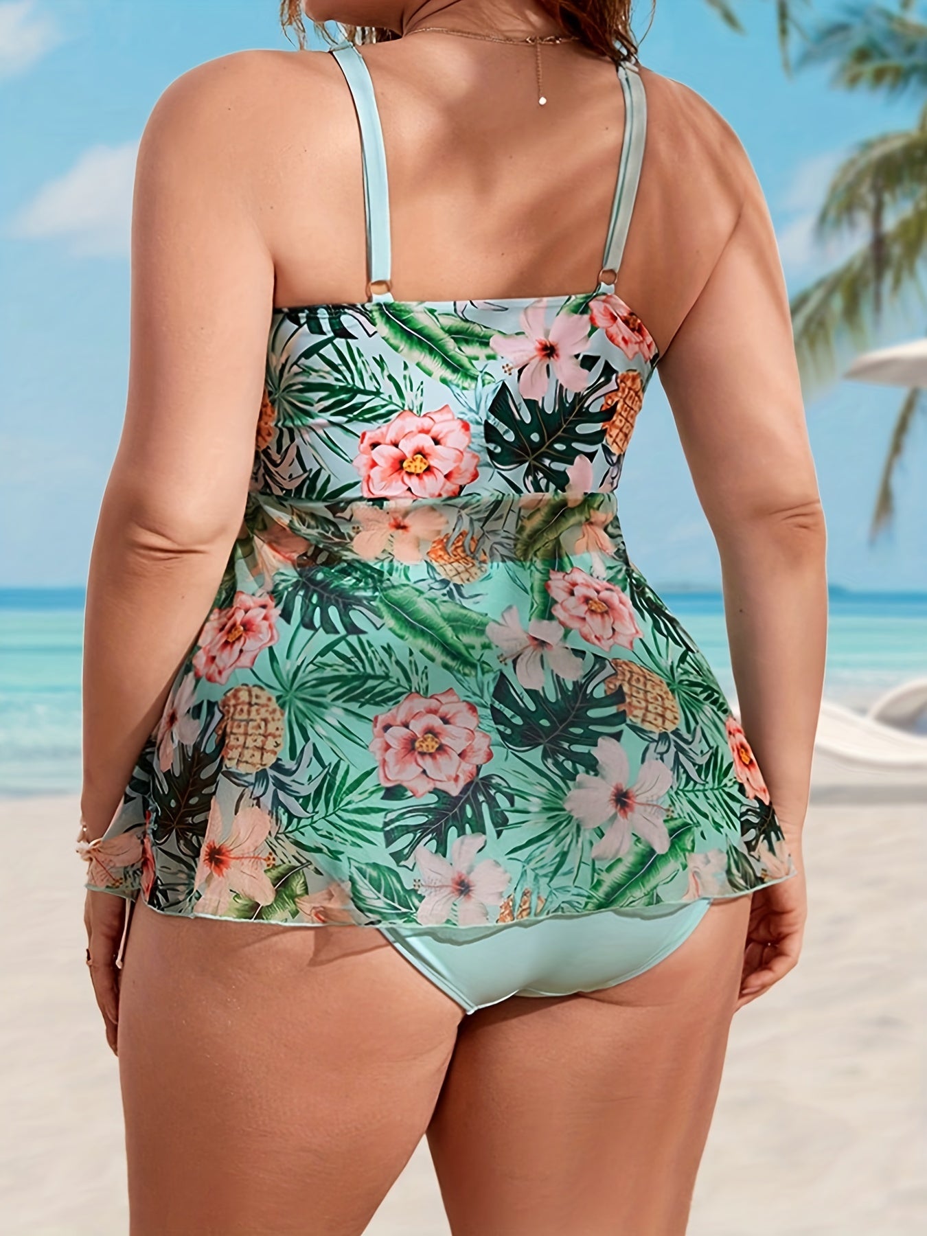  Tropical Print Surplice Neck Tankini Set