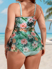  Tropical Print Surplice Neck Tankini Set