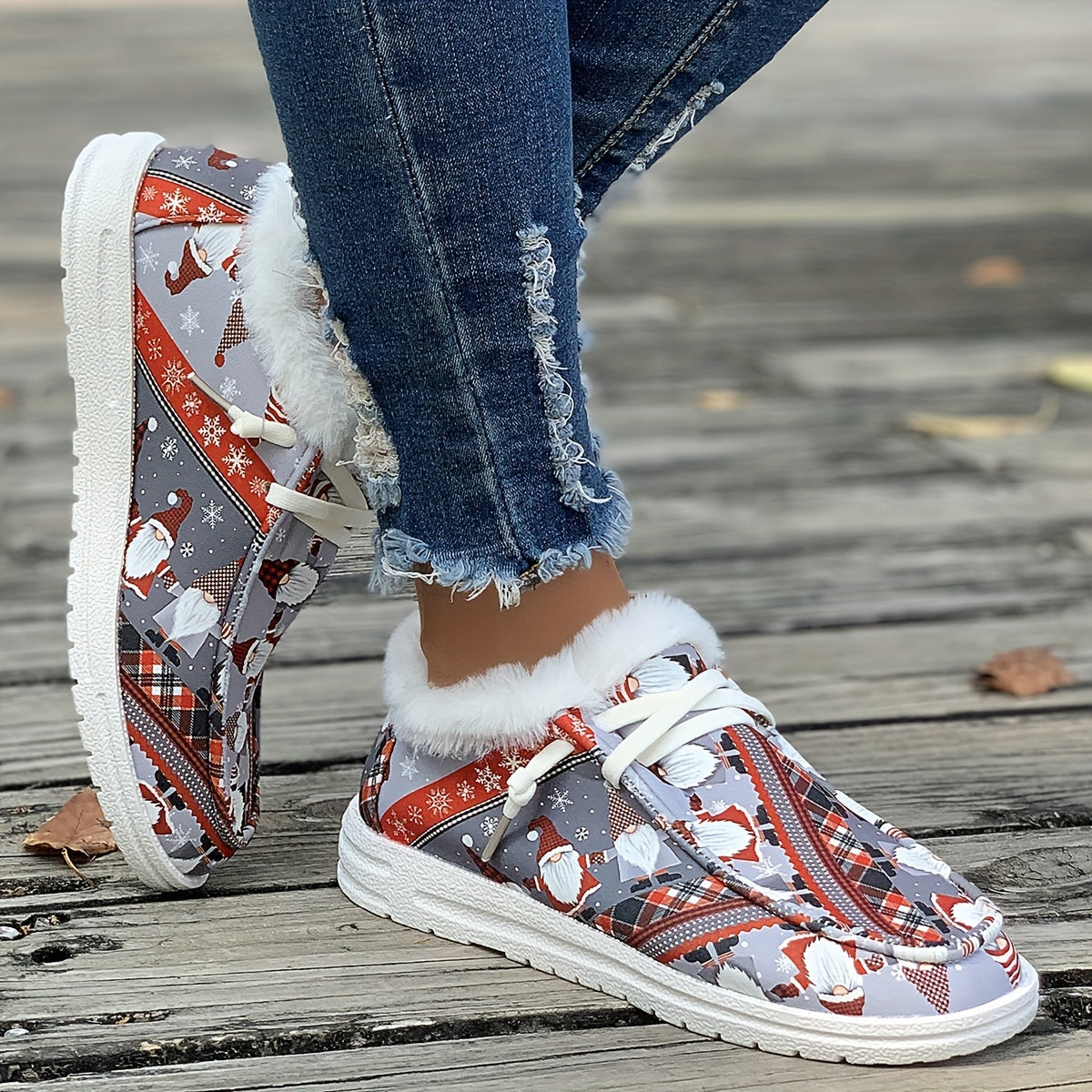 Women's Christmas Santa Print Snow Boots Winter Lace up Flats