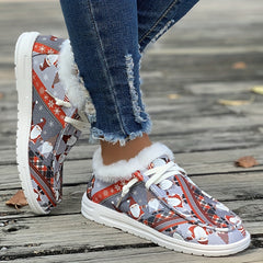 Women's Christmas Santa Print Snow Boots Winter Lace up Flats