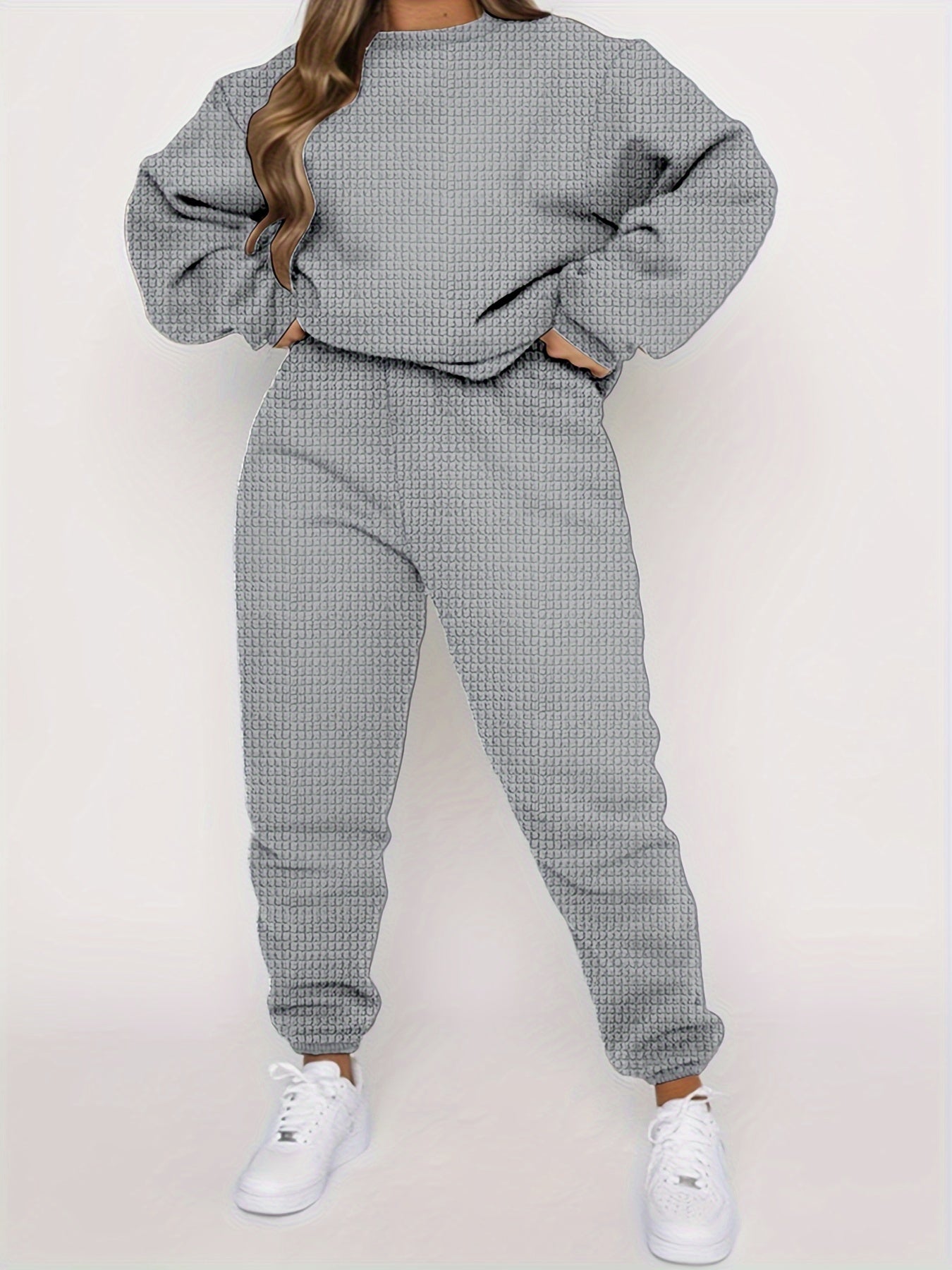 Plus Size Checkered Crew Neck Pullover & Joggers Set
