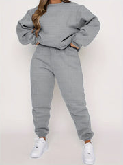 Plus Size Checkered Crew Neck Pullover & Joggers Set