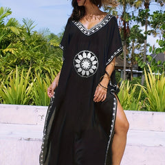 Boho Kaftan Dress Plus Size Floral Embroidered Batwing Sleeve V Neck