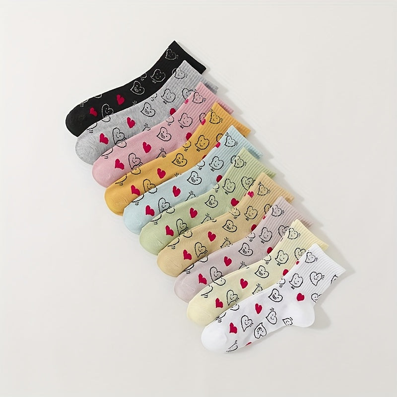 10 Pairs Heart Print Socks Soft & Comfy All Match Short Socks Women's Stockings