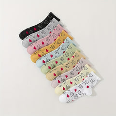 10 Pairs Heart Print Socks Soft & Comfy All Match Short Socks Women's Stockings