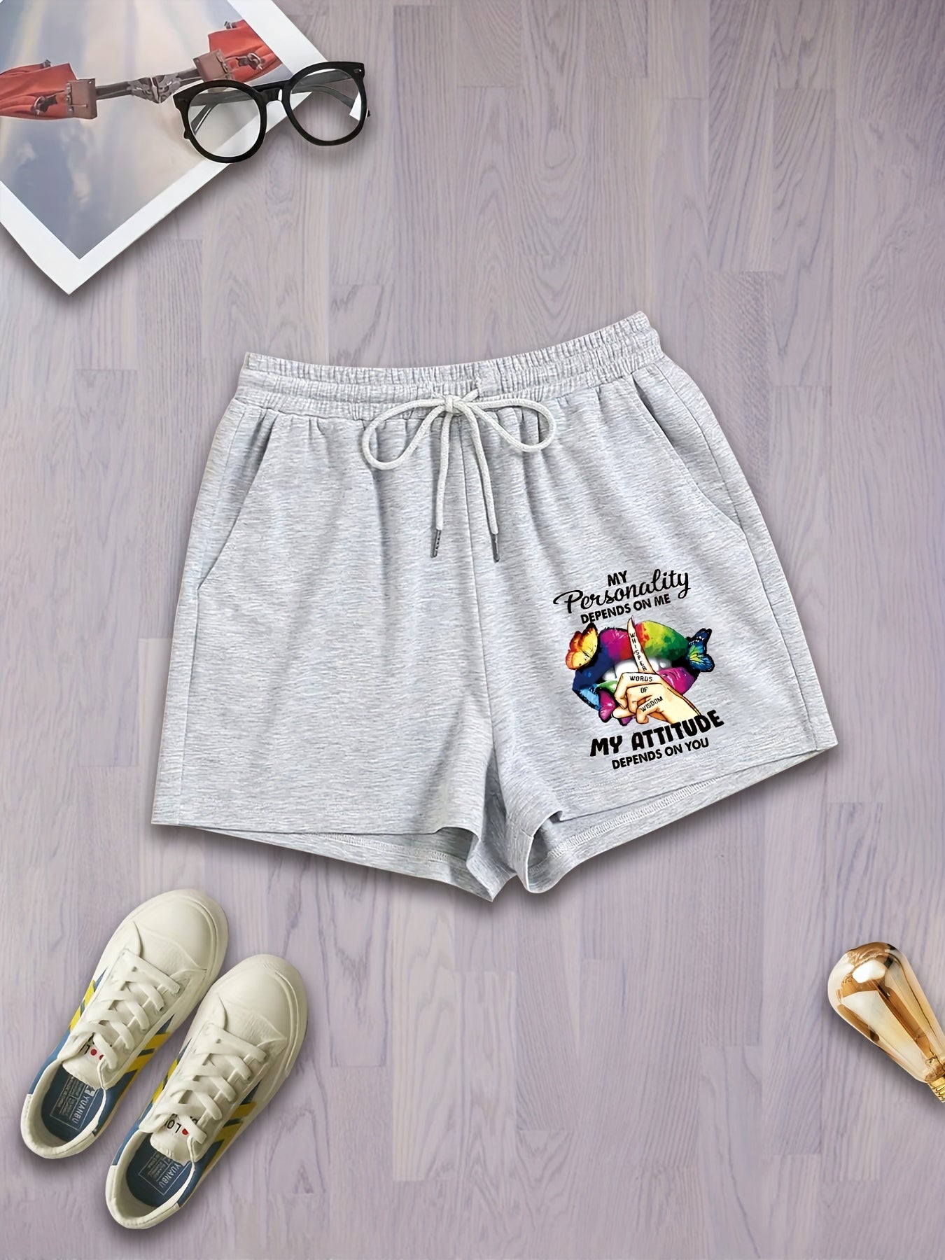  Gradient Lips Print Drawstring Comfort Shorts