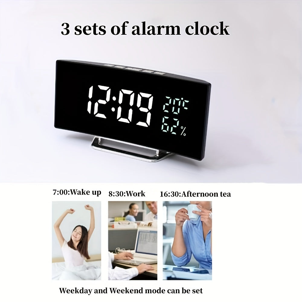 Curved Screen Digital Alarm Clock Temperature Humidity 3 Alarms Unlimited Snooze
