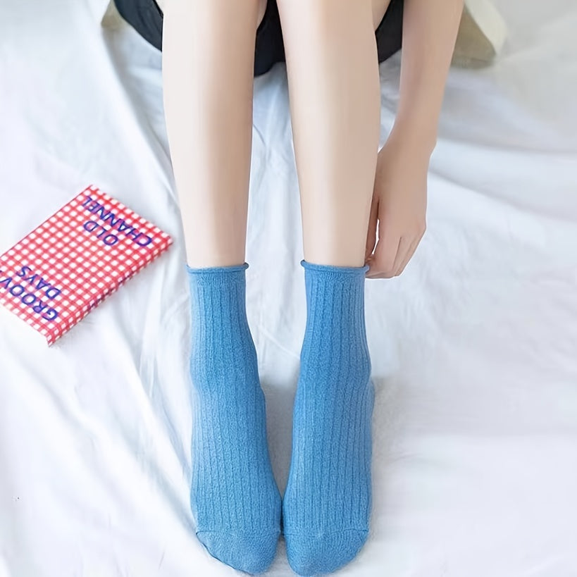 7 Pairs Solid Curling Socks Women's Mid Tube Stockings Soft & Comfy Hosiery