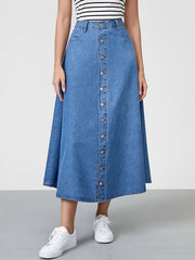 Button Denim Midi Skirt A Line Non Stretch Denim Skirt Women's Denim Clothing