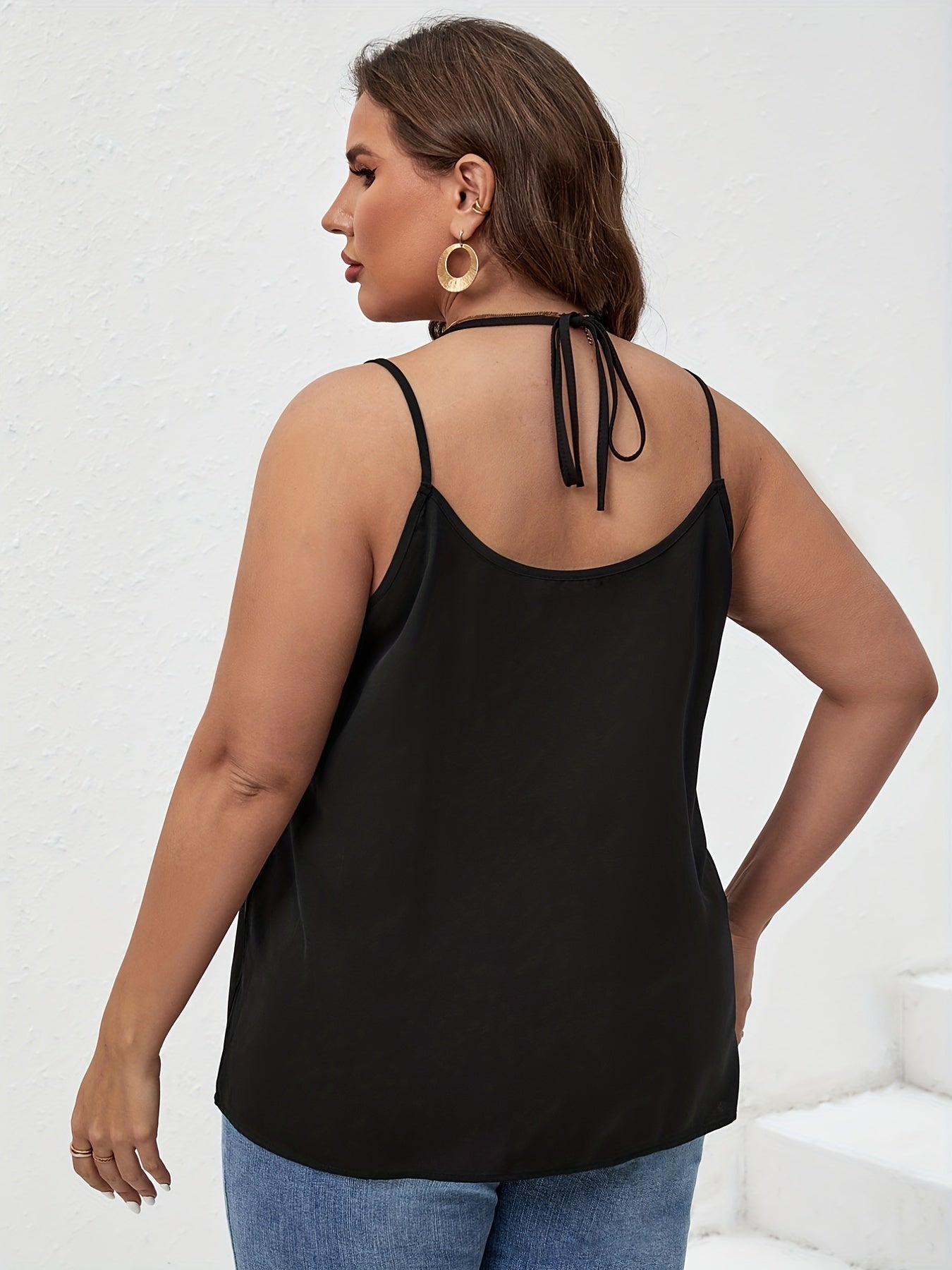  Halter Neck Cami Top Solid Button Decor