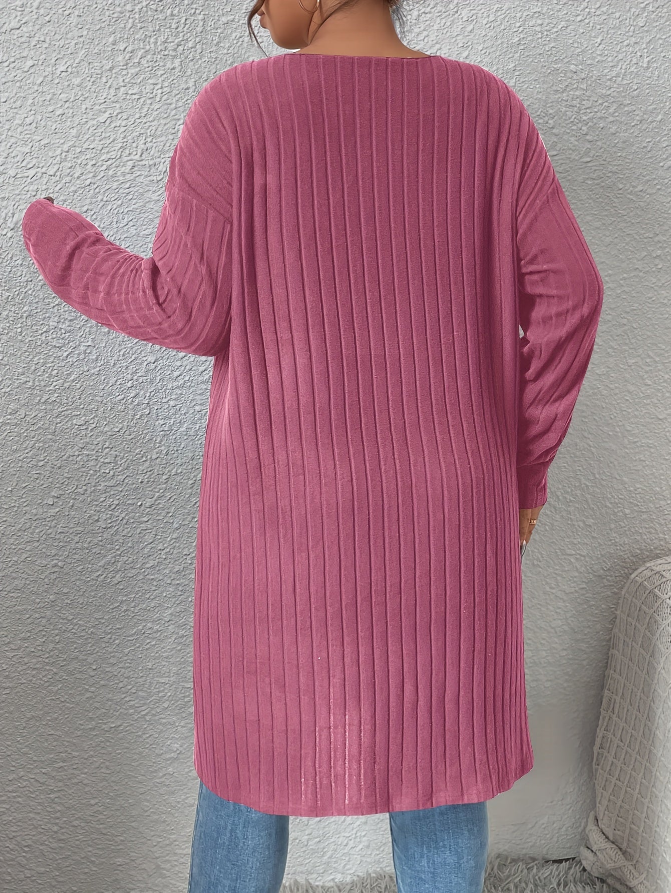  Solid Ribbed Open Front Cardigan With Pockets