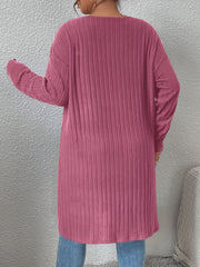  Solid Ribbed Open Front Cardigan With Pockets
