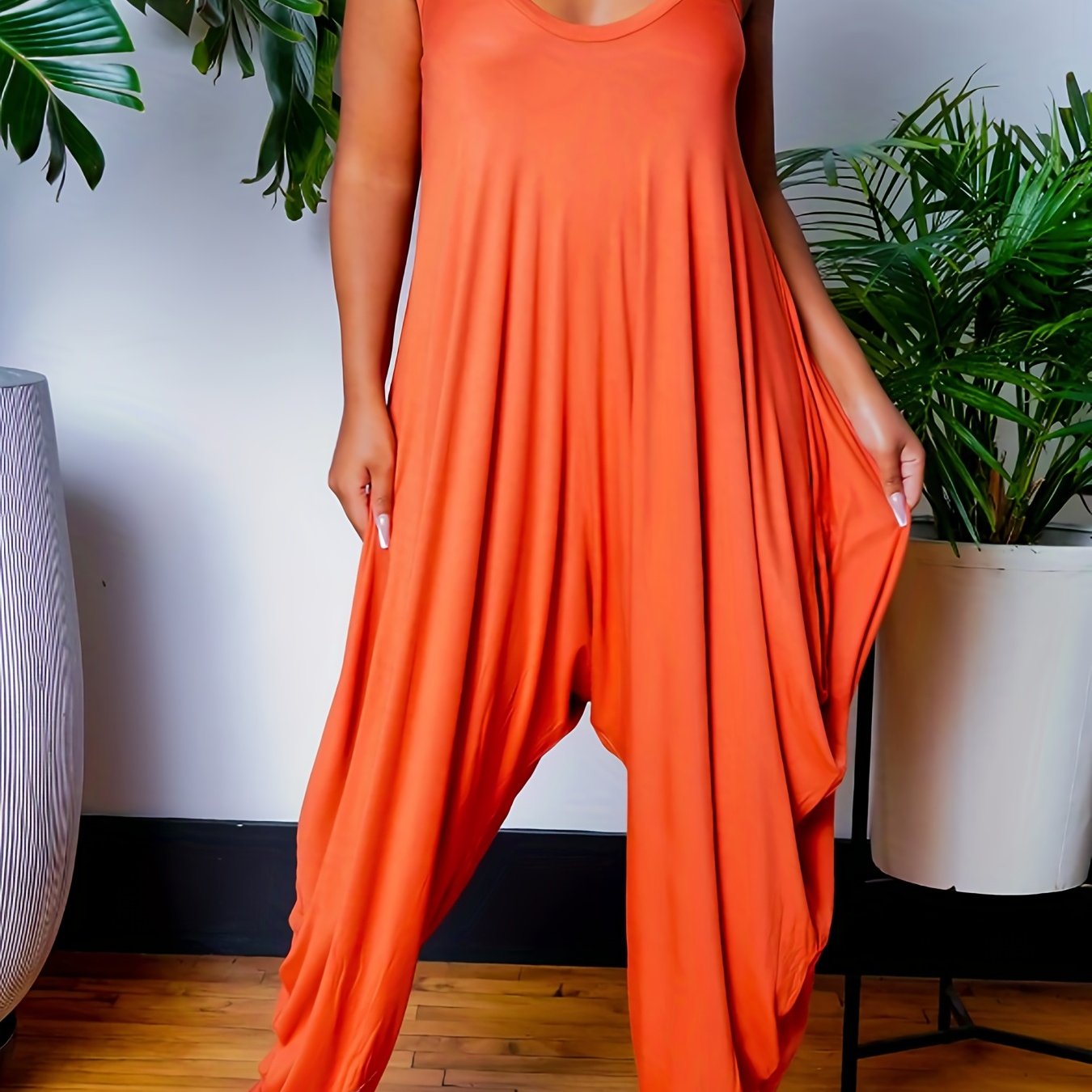  Casual Cami Jumpsuit Solid V Neck Drop Crotch Harem Cami Jumpsuit