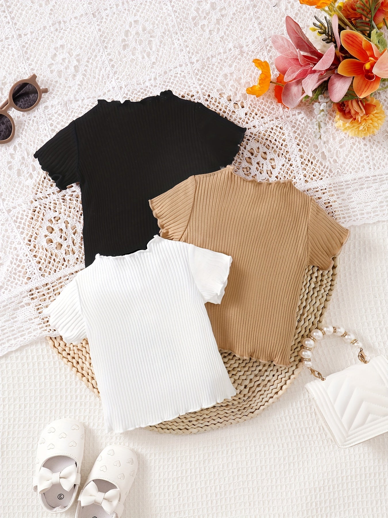 Baby Girls Cotton Ribbed Knit T shirt 3pc Set