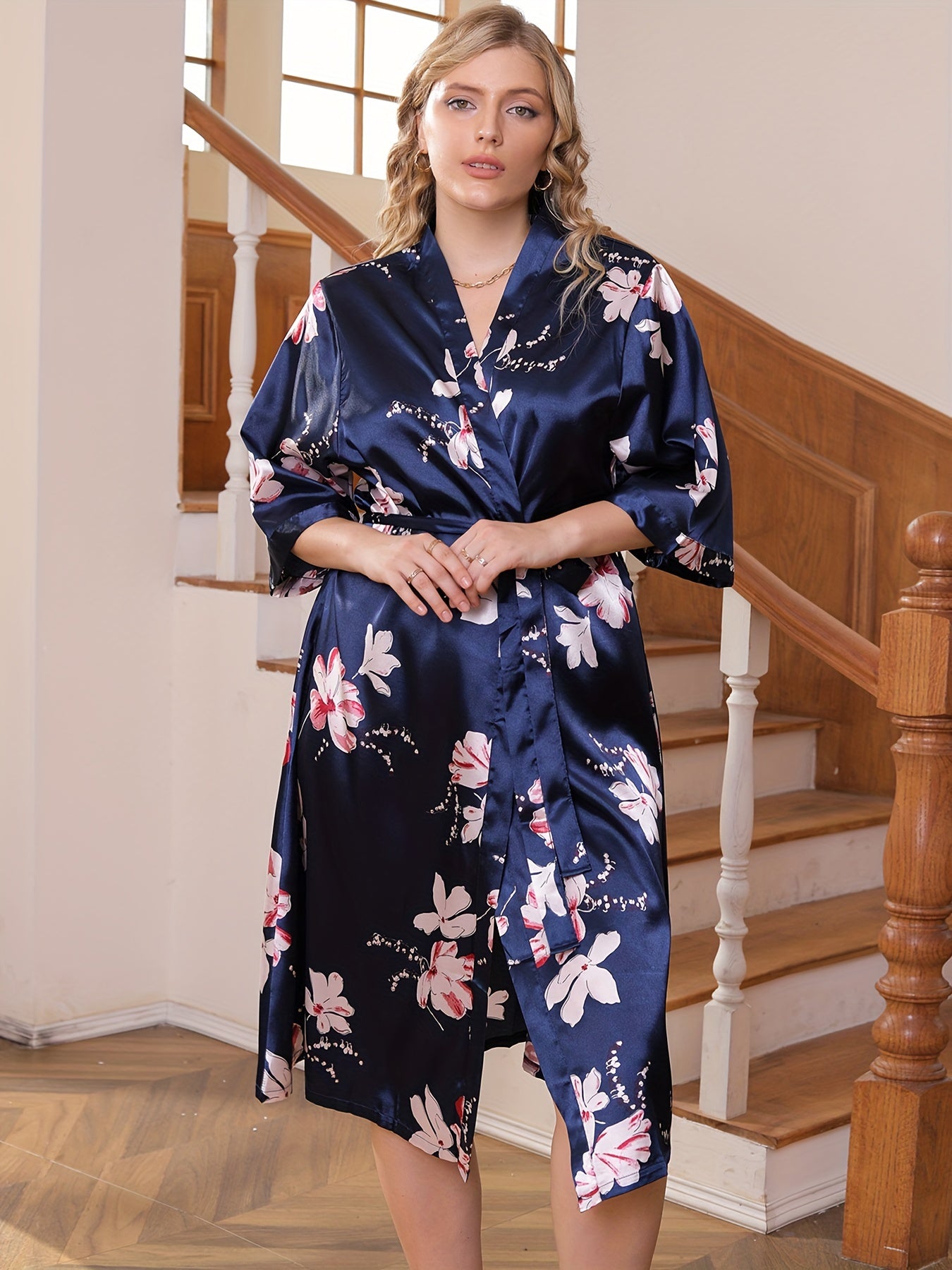  Sexy Nightgown Women's Plus Floral Print Satin Bathrobe