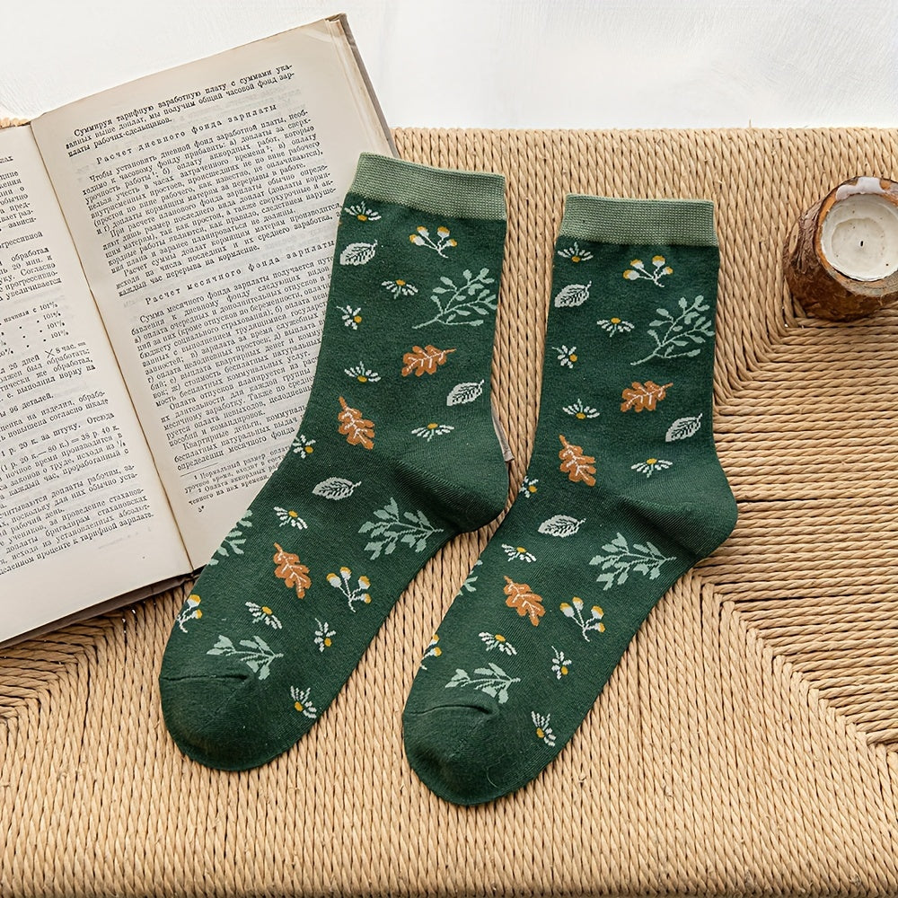 5 Pairs Retro Floral & Plaid Mid Tube Socks Women's Stockings